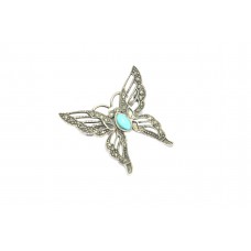 Handmade Butterfly Brooch 925 Sterling Silver Marcasite and Blue Cabachon Stone